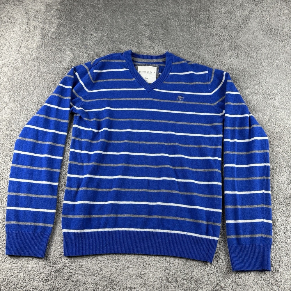 Aeropostale‎ V-neck Pullover Sweater Mens Medium Blue Stripes Long Sleeves